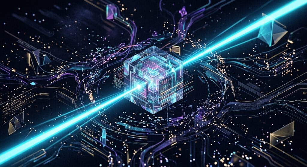 Futurystyczna, świecąca kostka z niebieską wiązką lasera przechodzącą przez złożoną sieć obwodów cyfrowych